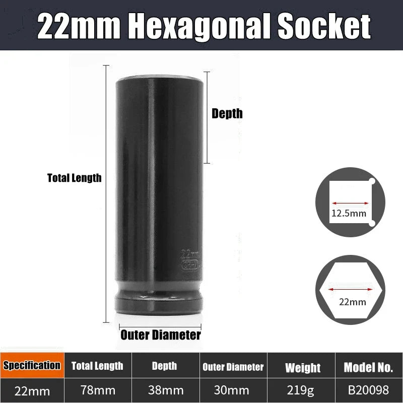 1/2" Drive Deep Impact Socket – Metric Wrench Socket for Pneumatic Tools, Tire Removal & Heavy-Duty Automotive Use