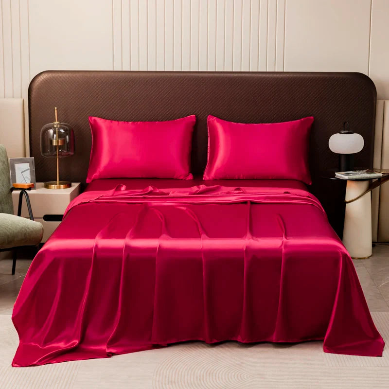 Silky Satin Bed Sheet Set for Summer – Ice Cooling Flat Sheet with Pillowcase, Single/Queen/King Sizes