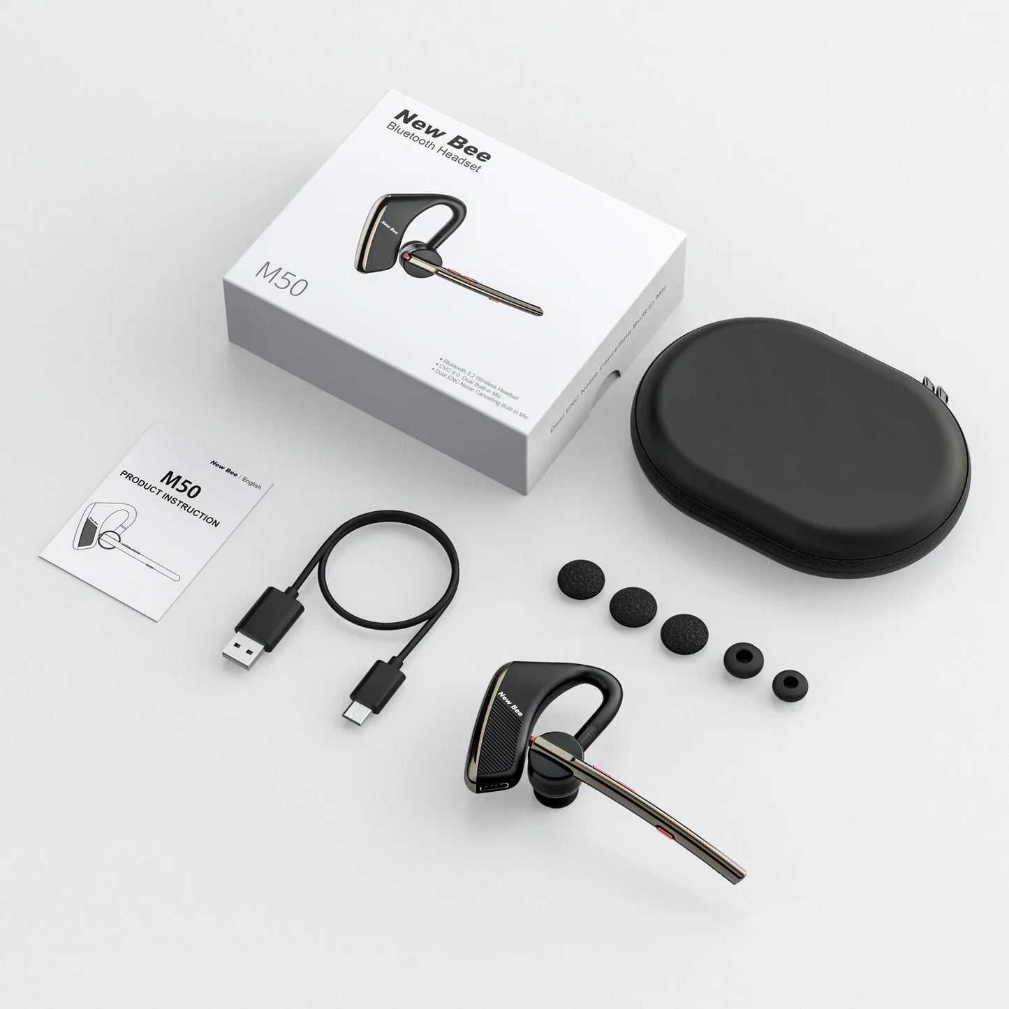 New Bee M50 Bluetooth Headset – Wireless Earpiece with Dual Mic, CVC8.0 Noise Cancelling, 24H Talk Time, V5.2 Handsfree Earphones