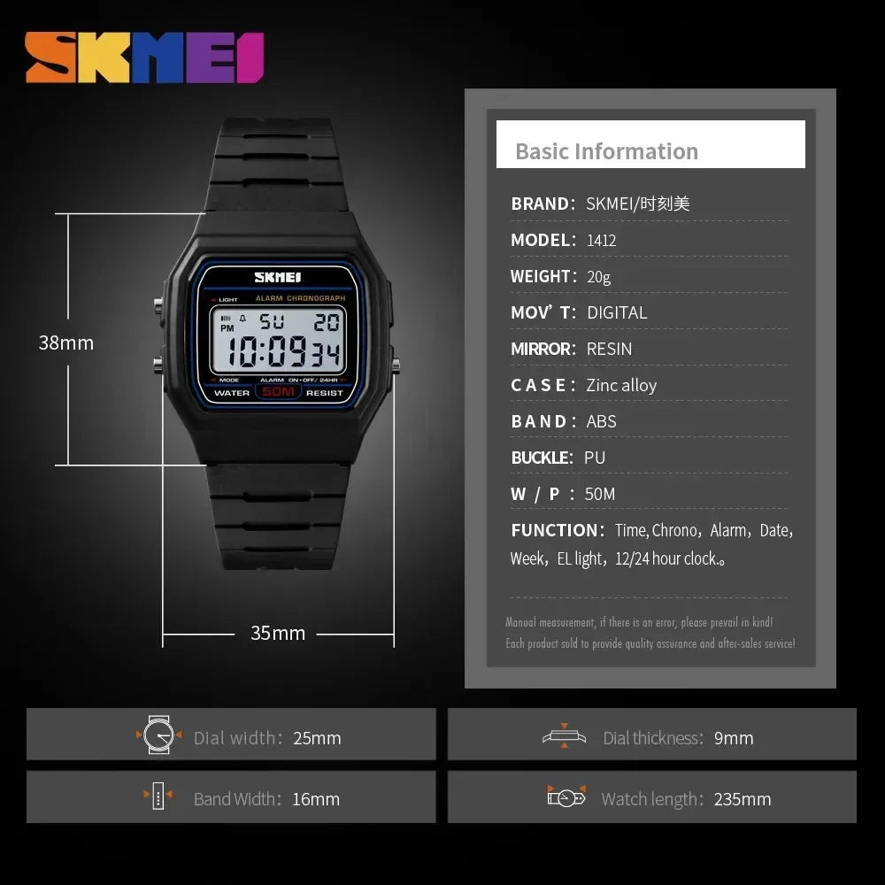 SKMEI 1412 Waterproof Digital Watch - Date & Week Display, Sports Couple Wristwatch, Fashionable Relogio Feminino for Women