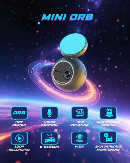 KAWA MINI ORB Dash Cam – 2K Tiny Car DVR with Voice Control, 360° Rotation & 180° Flip Video Recorder