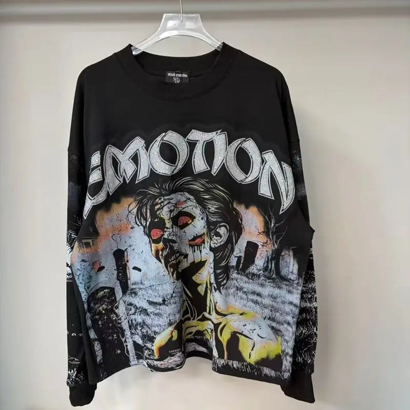 MIXED EMOTION Alien Print Long Sleeve T-Shirt - Unisex Oversized Hip Hop Crewneck Top