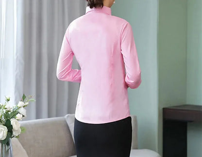 Women’s Solid Button Blouse — Long Sleeve Office Shirt, Elegant Work Top