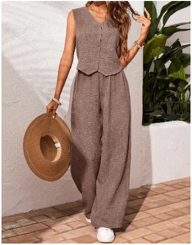Women’s Summer Cotton Linen Two-Piece Set 2025 – V-Neck Button Vest Top & Casual Trousers Suit Shorts Pants Outfit Set
