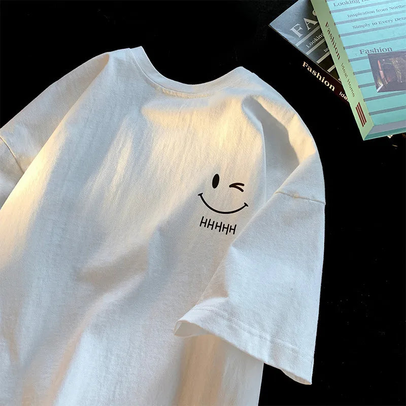 Men's & Women's Smiling Face T-Shirt — Funny Fashion Oversized Short-Sleeve Couple Top, American Basic Loose Pullover