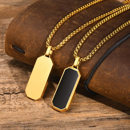 Casual Black Enamel Necklace for Men, Waterproof Stainless Steel Square Pendant, Simple Fashion Collar Jewelry Gift