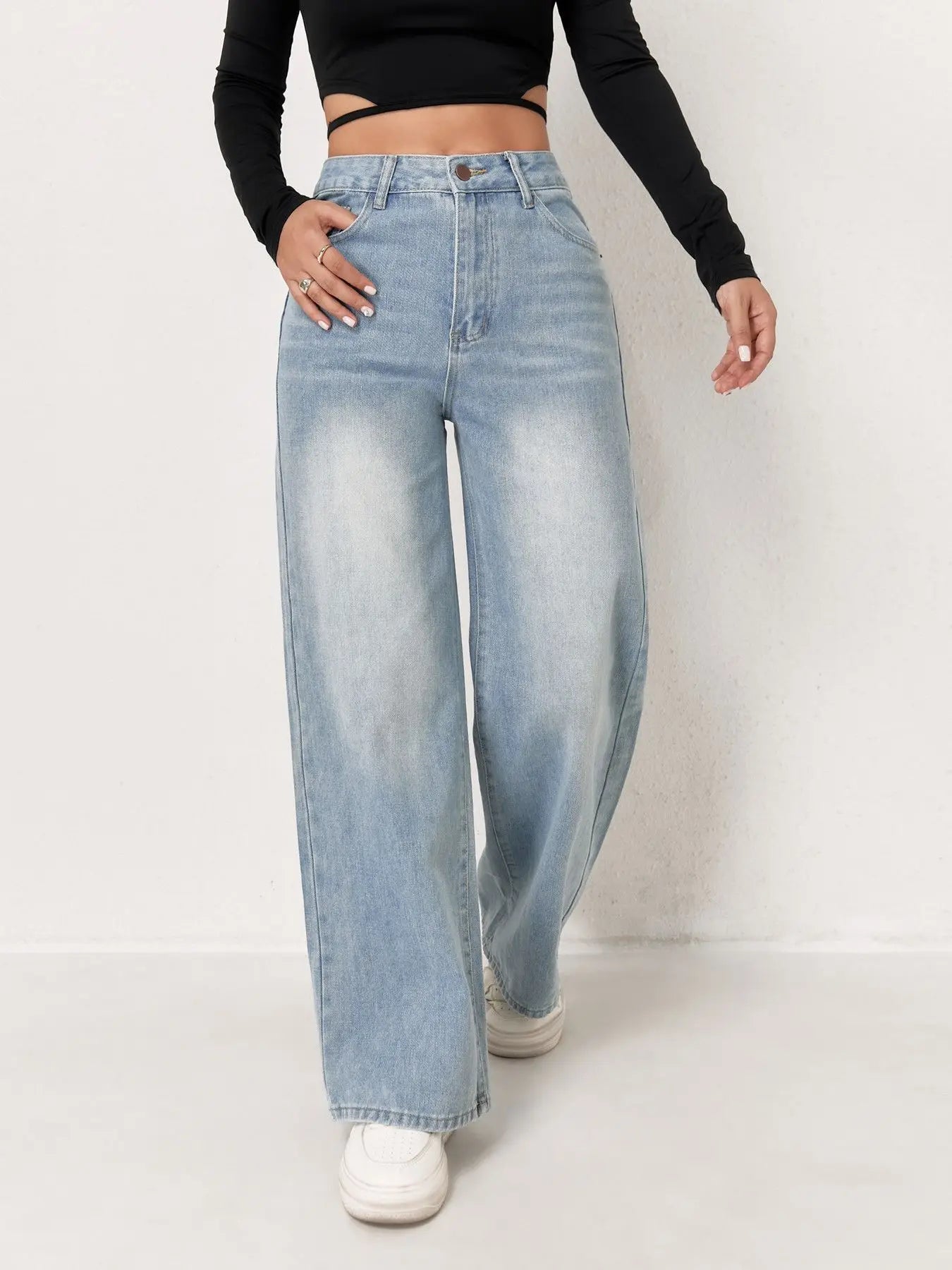 Women’s Y2K Wide Leg Jeans – Light Blue Loose-Fit Stretch Denim Pants, Casual Fashion for All Seasons