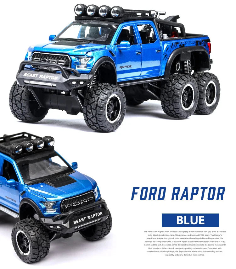 1:24 Diecast F150 Raptor Pickup Truck — Metal Model Car with Sound & Light for Kids Age 3+, Blue