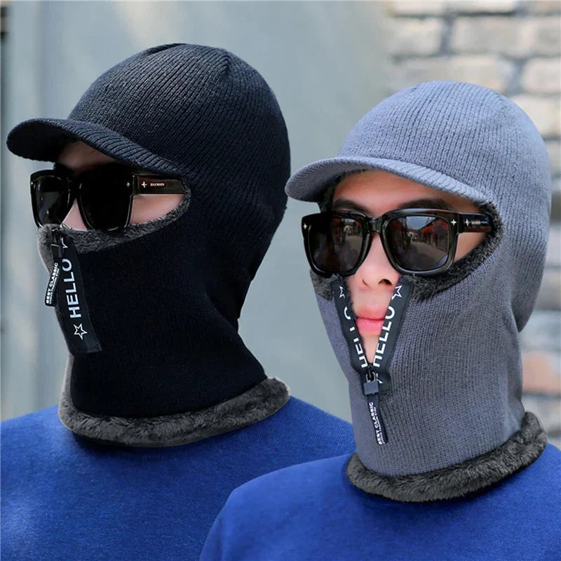 New Men's Winter Wool Hat with Ear Protection - Warm Thick Knitted Cap with Scarf and Windproof Visor for Outdoor Activities