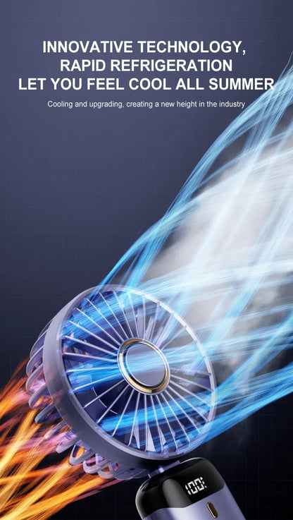 5000mAh Handheld Mini Fan – Wireless USB Rechargeable Portable Fan with Digital Display, Phone Holder, 5-Speed Foldable Neck Hanging Fan