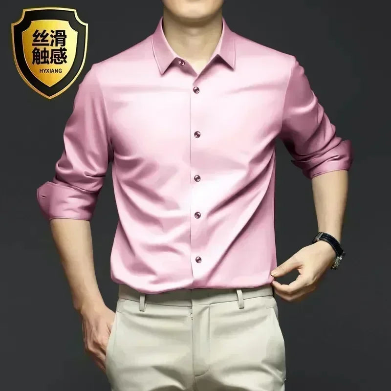 Men’s Luxury White Dress Shirt - Wrinkle-Resistant Ice Silk Glossy Long Sleeve Business Casual Shirt S-6XL