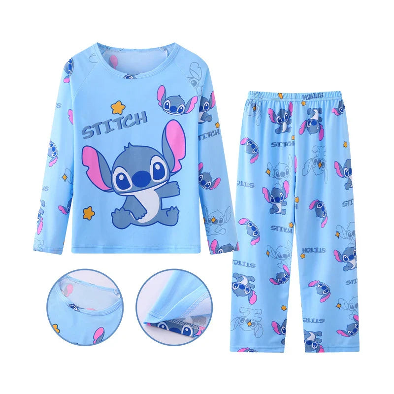 New Spring Children’s Pajama Set – Stitch & Angel Long-Sleeve Sleepwear with Pants for Boys & Girls