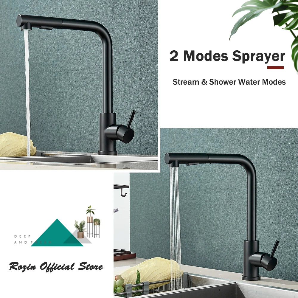 Black Flexible Pull-Out Kitchen Faucet - Stainless Steel 2-Mode Nozzle, 360° Rotating Hot & Cold Water Sink Mixer Tap