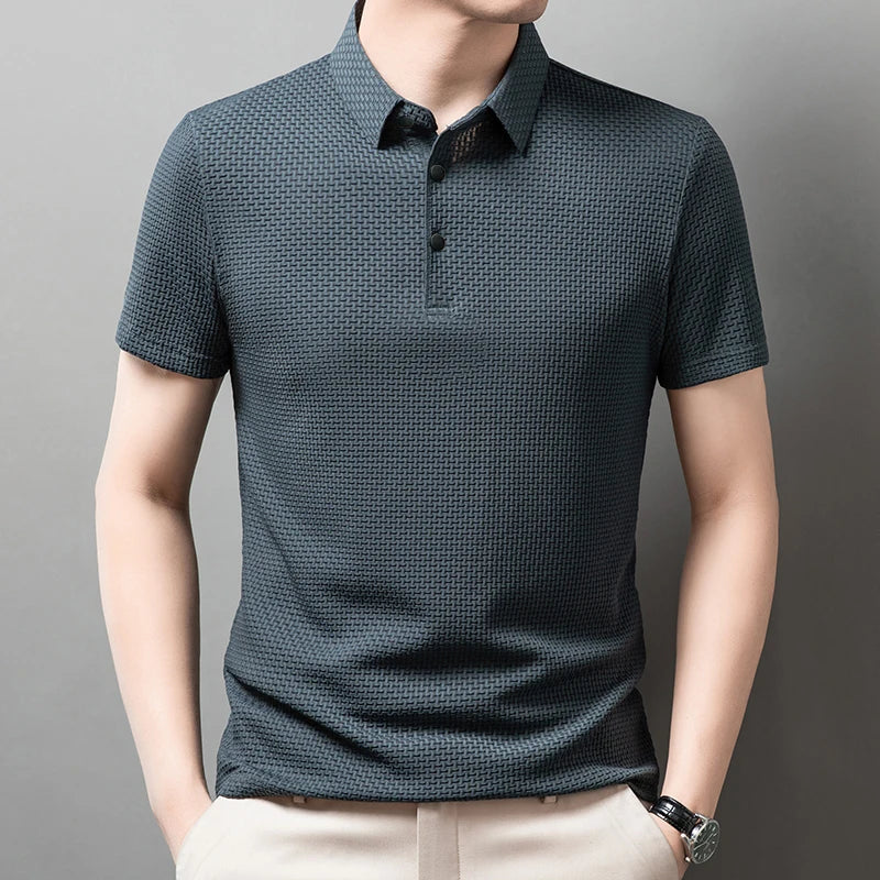 Men’s Business Casual Short Sleeve Polo — Solid Color Floral Summer Shirt, Breathable & Comfortable
