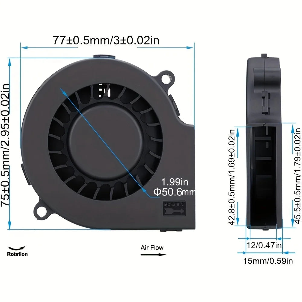 75mm USB Turbo Fan Cooling Blower - Brushless 3D Printer Extruder, DC Cooler for PC, CPU, Power Inverter Air Pump