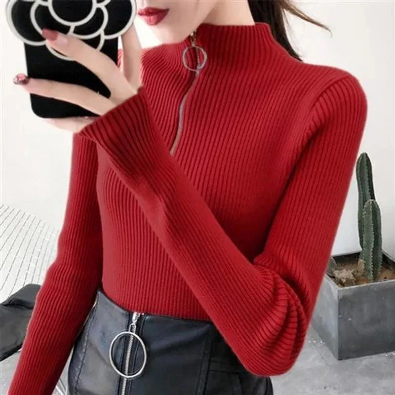 Women's Knitted Zipper Half High Neck Sweater - Slim Fit Solid Pullovers for Autumn/Winter, Basic Knitwear Tops