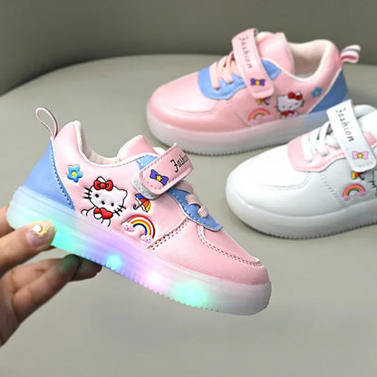 LED Kids Shoes for Girls — Cute Hello Kitty Cartoon Canvas Sneakers, Soft-Bottom Casual Shoes, Baby Girl Kawaii Footwear