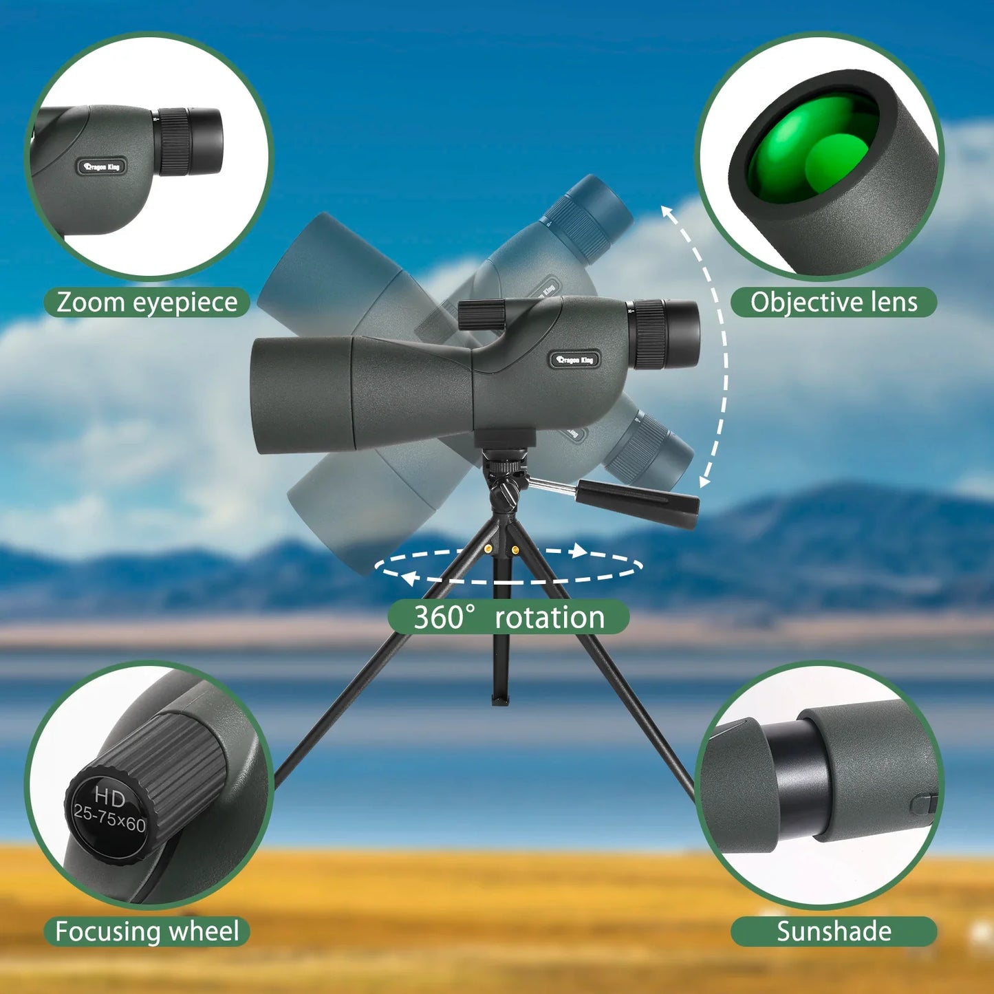 Powerful 25-75x60 Telescope Spotting Scope - Zoom Monocular FMC BAK4 Waterproof for Bird Watching, Target Shooting with Tripod