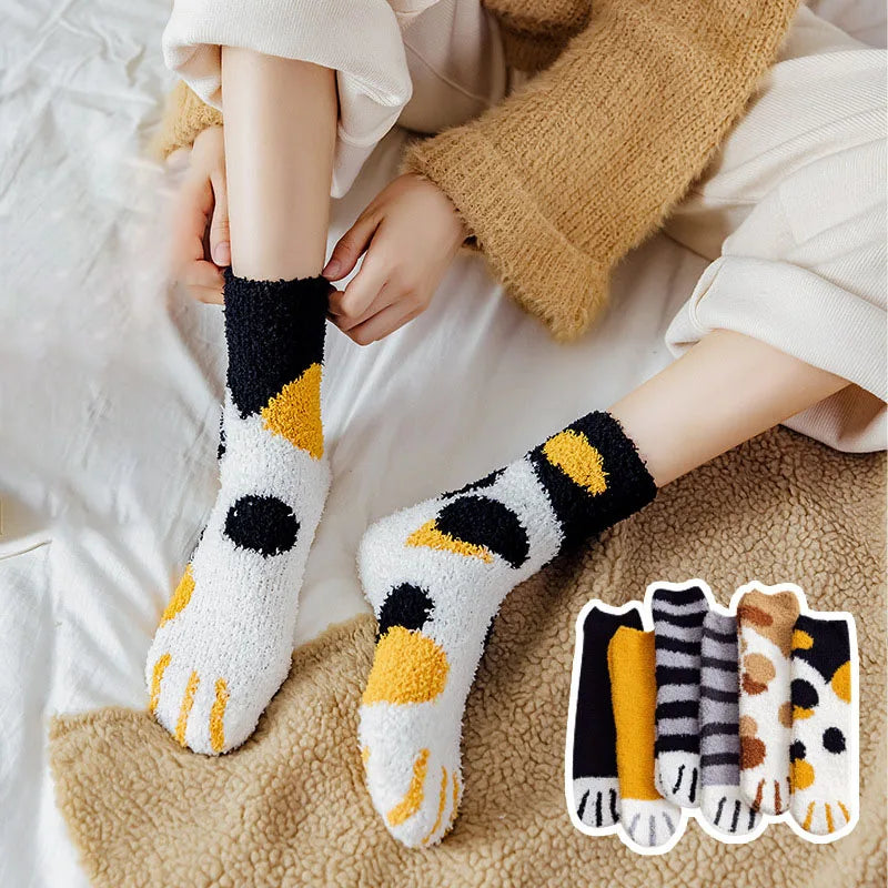 Women's Winter Warm Fluffy Socks - Cute Animal Claw and Cat Paw Prints, Thick Coral Fleece Home and Sleep Socks