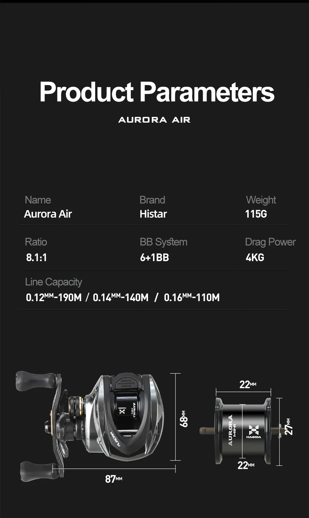 Histar Aurora AIR BFS Baitcasting Reel – Light Lure AT7 Aluminum Spool, 115G UL, 3D Dynamic Magnetic Braking System