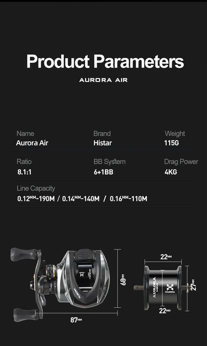 Histar Aurora AIR BFS Baitcasting Reel – Light Lure AT7 Aluminum Spool, 115G UL, 3D Dynamic Magnetic Braking System