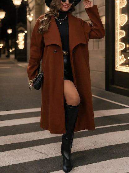 Caramel Brown Wool Blend Coat - Mid-Length Oversized Lapel Outerwear for Fall & Winter