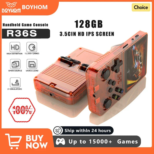 128GB Open Source R36S Video Game Console – Linux System, 3.5 Inch IPS Screen, Orange Portable Pocket Player, 64GB of Best Games