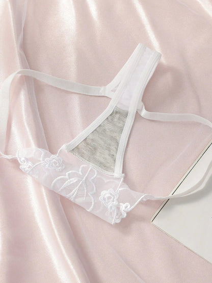2PCS Lace Thong Underwear Set - Sexy Ladies Black & White Floral Embroidered Panties for Women