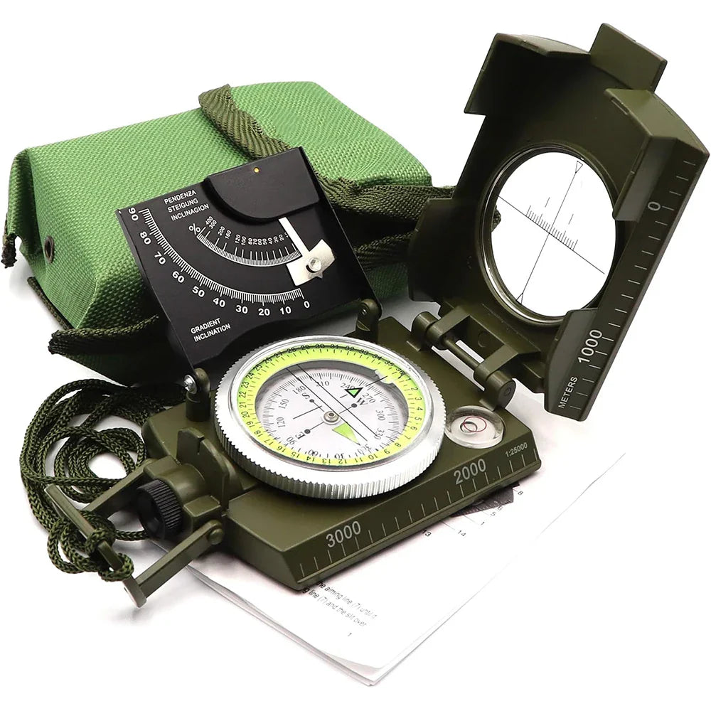 Multifunctional High-Precision Military Compass — Waterproof Metal Outdoor Survival Camping Compass with Fluorescent & Geological Features