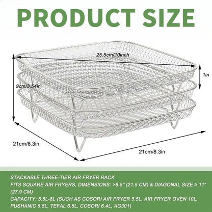 3-Layer Stackable Air Fryer Rack – 304 Stainless Steel Grilling & Steaming Rack for Oven & Cooking Tools