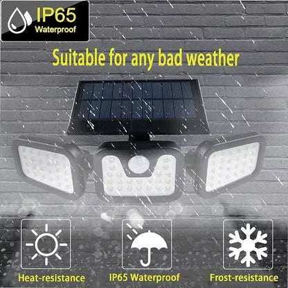 Outdoor Solar LED Motion Sensor Wall Light, Adjustable 3-Head Human Body Sensing Lamp, IP65 Waterproof Garden Security Light