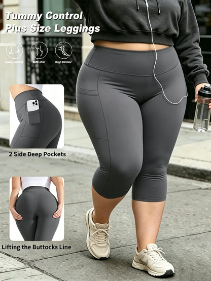 Women's Plus Size Capri Leggings - High-Waist Tummy Control Stretch Yoga Pants with Pockets