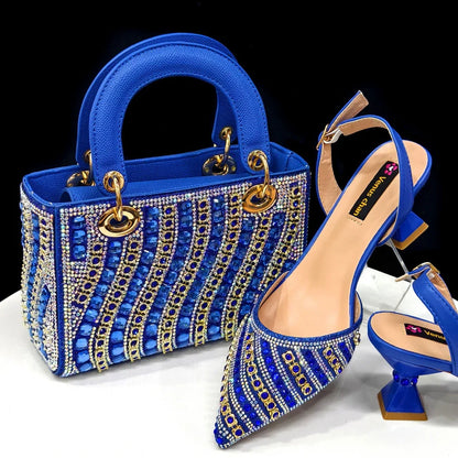 Women’s Fuchsia Rhinestone Shoe & Bag Set - Shiny Italian Style Pointed Toe High Heel Fashion Accessories