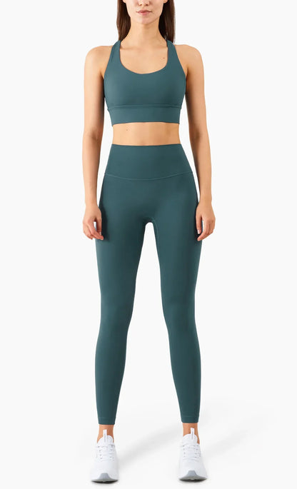 Summer 2 Piece Women's Yoga Tracksuit - Cross-Back Nylon Top and Leggings Athletic Set for Pilates and Fitness