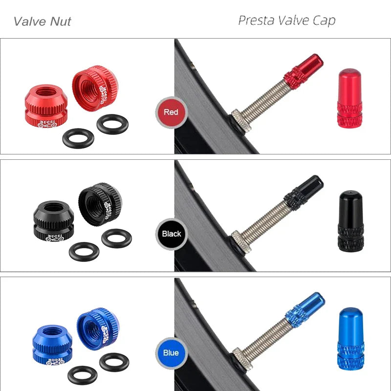 Bicycle Presta Valve Nut & Cap Set – Inner Tube Tire Nozzle Locking Screw with Sealing Ring Dust Protector