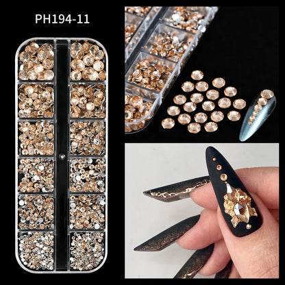 12-Grid 3D Glass AB Crystal Nail Art Rhinestones Kit – Flatback Round Beads with Tools for Nail Jewelry & Diamond Decoration