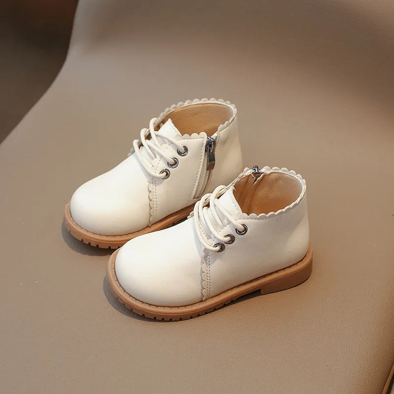 Girls’ Leather Ankle Boots 2024 — Spring & Autumn Lace-Up Side Zipper Rubber Boots, Sizes 21-30