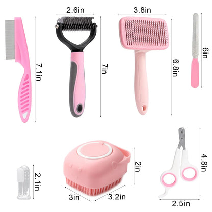 8-Piece Dog Grooming Set: Self-Cleaning Brush, Nail Clippers, Flea Comb, Shampoo Bath Brush, Pet Care Essentials