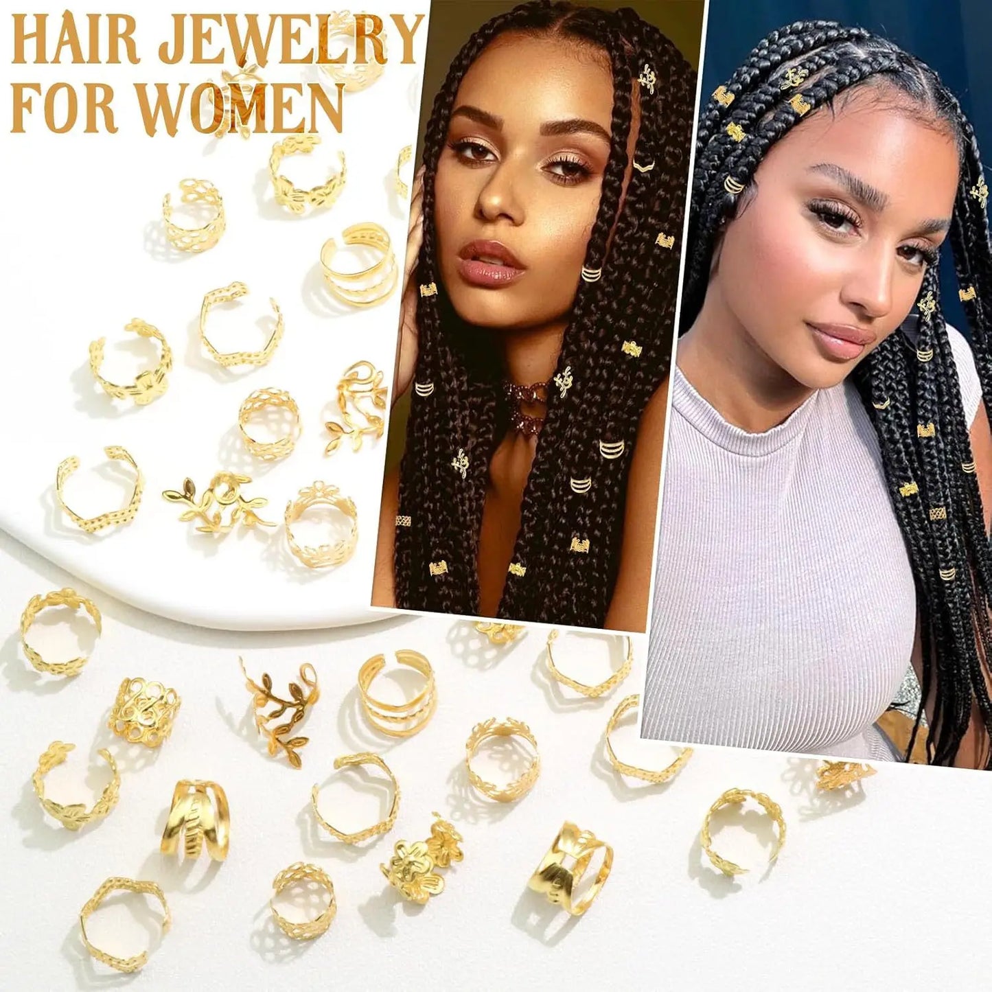 32-60PCS Human Hair Braiding Rings Kit — Gold, Silver & Wood Dreadlock Accessories Set for Men & Women Hair Styling