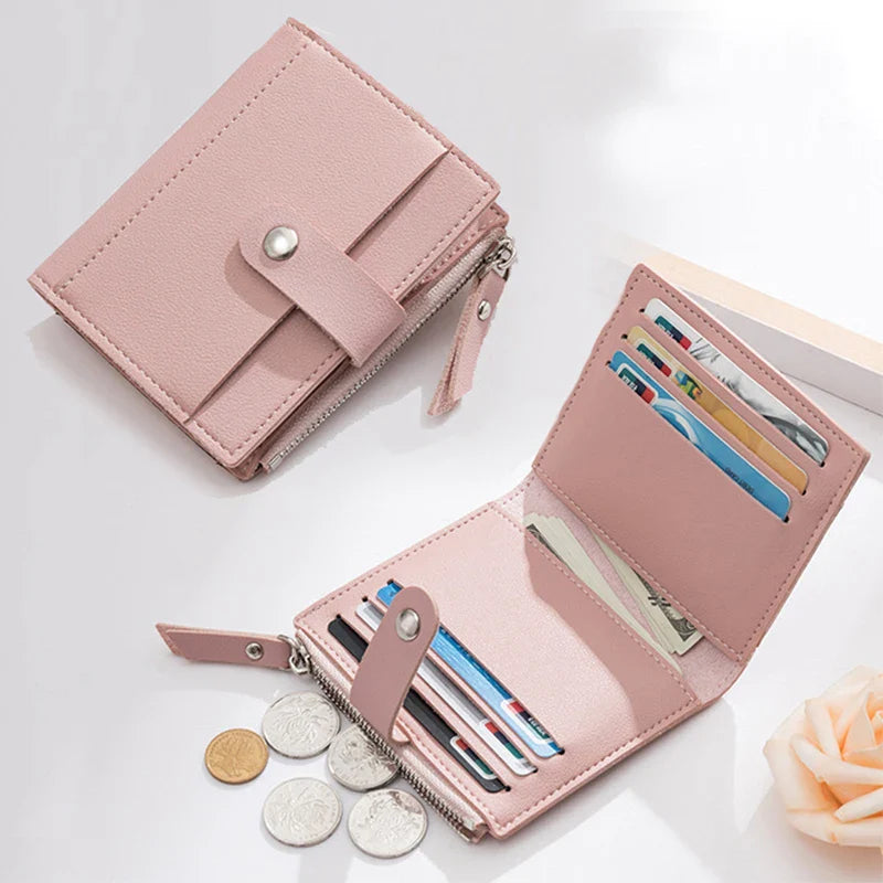 Women’s PU Leather Mini Wallet — Slim Hasp & Zipper Purse, Multi-Card Holder with Coin Pocket, Small Solid Short Wallet