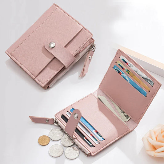 Women’s PU Leather Mini Wallet — Slim Hasp & Zipper Purse, Multi-Card Holder with Coin Pocket, Small Solid Short Wallet