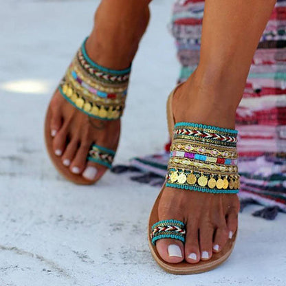 Stylish Women’s Bohemian Tassel Flip Flops – Trendy Knitted Sandals with Toe Ring Clip