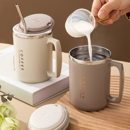 WORTHBUY Double-Layer Stainless Steel Coffee Cup – Insulated 304 Travel Mug with Spoon & Straw, Anti-Scald Milk & Water Cup