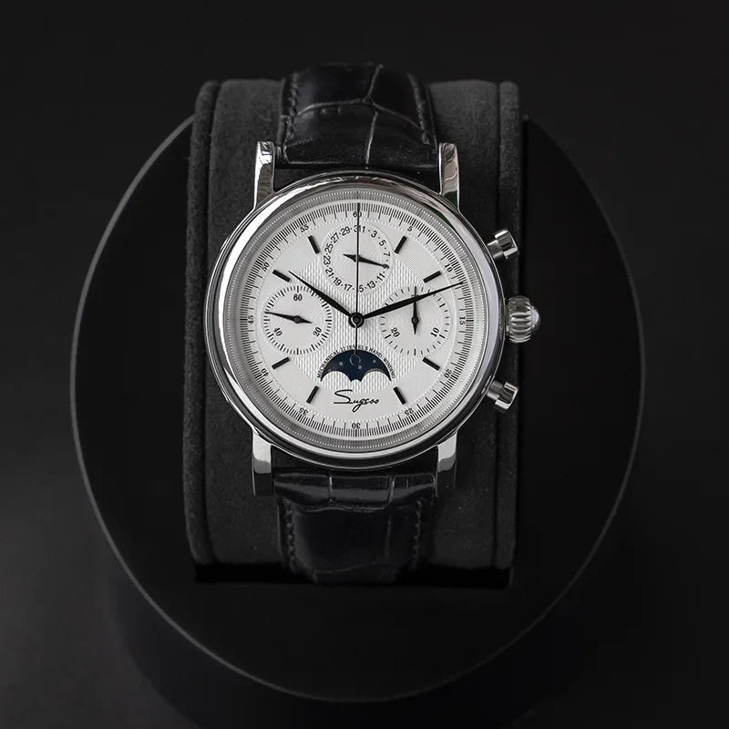 Sugess ST1908 Mechanical Chronograph Watch for Men – Swan Neck Movement, Moonphase Calendar, Vintage Leather Strap, 2023 Model