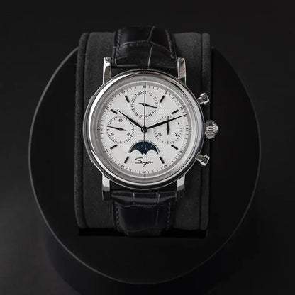 Sugess ST1908 Mechanical Chronograph Watch for Men – Swan Neck Movement, Moonphase Calendar, Vintage Leather Strap, 2023 Model