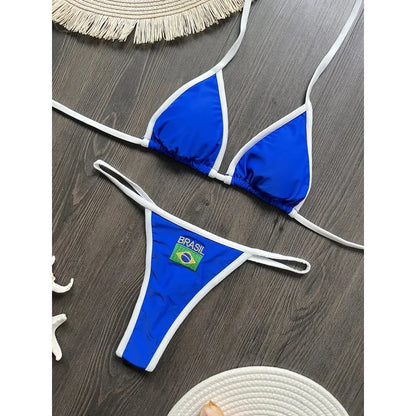 Women’s Brazil Flag Embroidery Bikini Set – Contrast Split Patchwork Swimsuit, Sexy Summer Beachwear Outfit