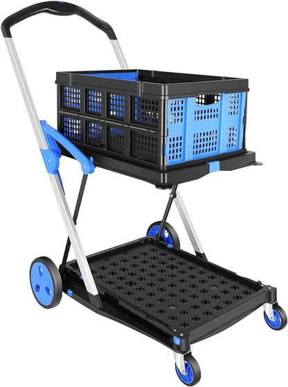 Collapsible Multi-Use Utility Cart — Adjustable Folding Shopping Trolley with Storage Crate, Lightweight Moving Cart
