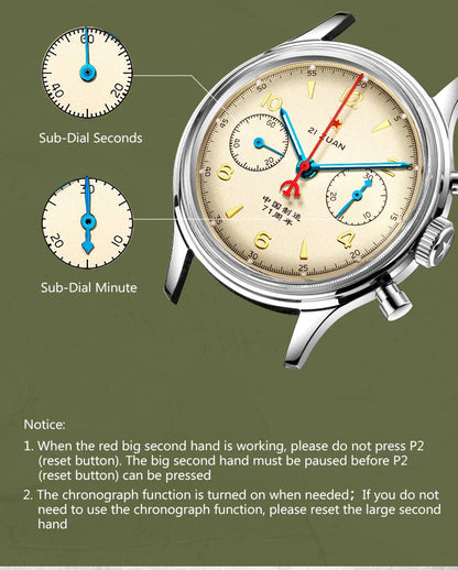 RED STAR 1963 Men's Chronograph Watch - 38mm Pilot Design with Seagull ST1901 Movement & Sapphire Glass