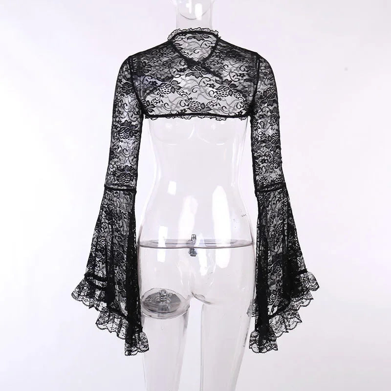 Lace Gothic See-Through Shrug Top – Black Flare Sleeve Crop Top, Vintage Punk Style for Women