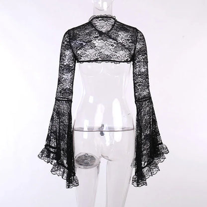 Lace Gothic See-Through Shrug Top – Black Flare Sleeve Crop Top, Vintage Punk Style for Women